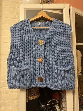 Chunky Knit Blue Button-Front Vest Sweater